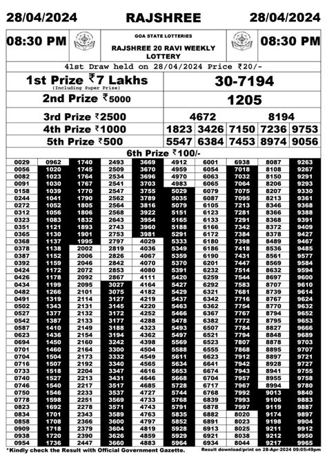 Rajshree 20 Ravi weekly 8:30 pm Lottery result 07/04/24.